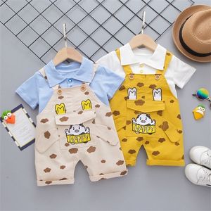 Zomer 2 stks Kids Baby Jongens Kleding Set Solid T-shirt + Cartoon Print Overalls Strap Baby Jarretel Broek Suit X0802