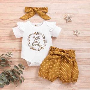 Zomer 3-delig brief print bodysuit en gestippelde shorts set baby peuter meisje sets kleding 210528