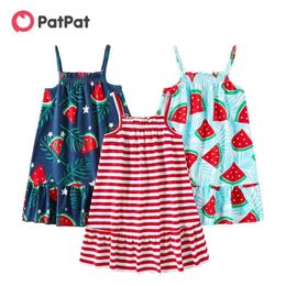 Été 3 pièces Enfant Fille Pastèque Allover Robes à rayures rayées pour 3-6 ans Robe en coton sans manches 210528