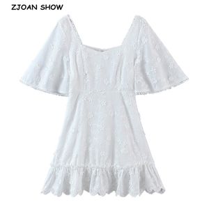 Zomer 3d bloem witte korte mouw jurk retro slanke taille zoom hout oren ruches vrouwen mini jurken vakantie 210429
