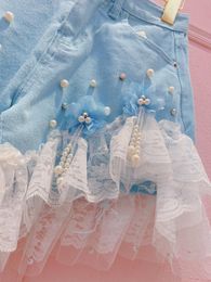 Summer 3D Fleurs en dentelle Patchwork Ruffles Shorts en denim Femmes Pink Casual Mid Taist Pearls Pildons jeans Shorts Hot Pantals S-5XL