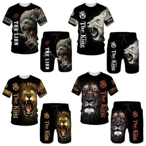 Zomer 3D -geprinte heren S T -shirt Shorts Set Ferocious Lion Sportswear Tracksuit O Hek Korte mouw Coole Kleding SU 220708