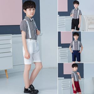 Zomer 4 -delige slabb -broek voor kinderen gestreept shirt Set Boy's Weekly Piano Performance Dress (shirt + shorts + Bib + Bow Tie)