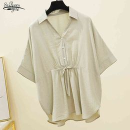 Été 5XL grande taille style coréen blouse lâche femmes élégant col en v solide chemises minces hauts blancs 9884 210427