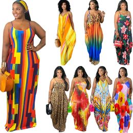 Zomer 5XL Maxi Jurken Dames Tie Geverfd Kleurrijk Gedrukt Jarretel Losse Jurk Plus Size Dameskleding Met Hoofddoek