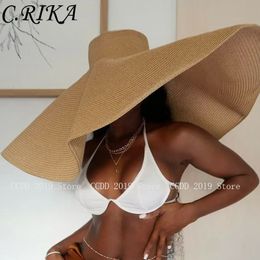 Été 70 cm grand chapeaux de soleil largeur large pour femmes surdimensionnées de plage de plage pliable paille de paille Lady UV Protection Sun Shade Hat 240415