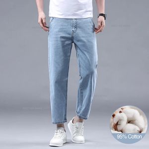 Été 95% Coton Jean mince droit pour hommes Style classique Stretch Tissu doux Bleu Bleu Denim Anklelnglengle Pantalon Male 240403