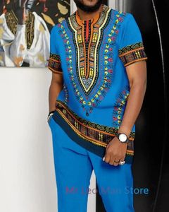 Zomer Afrikaanse kleren Dashiki -pak voor mannen Print Short Set Trousers met korte mouwen 2 -delige set Men Oversized Casual Walking Suit 240410