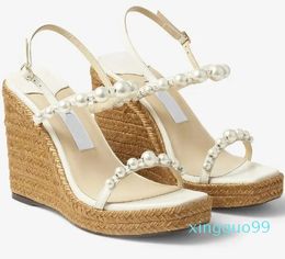 Verano Amatuus marca señora Sandalias Zapatos Latte Nappa Latte cuña con perlas cristal vestido de noche señora gladiador Sandalias