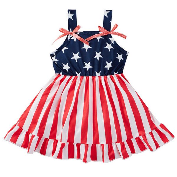 Été drapeau américain sangle robes de plage jour de l'indépendance enfant en bas âge bébé filles robe vêtements décontractés robe sans manches D30 Q0716