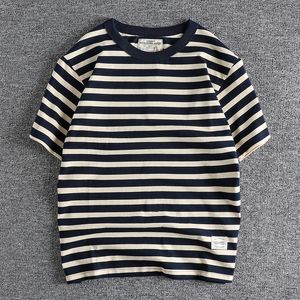 Summer American Retro Retro Short Sweep Camiseta azul marino Fashion Fashion 100 Cotton Wavehed Weight Tops 240329 240329
