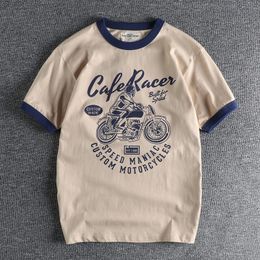 Summer American Retro ShortSleeved Oneck Motorcycle Tshirt Mens Fashion Simple 100 Coton Washed Casual Sport Tops 240417