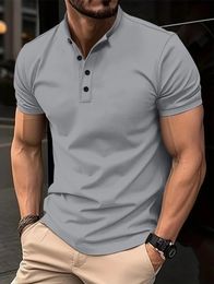 Summer American Vintage Waffle Knit Henry Collar Tshirt Mens Fashion Shortsleeved Loose Casual Top Polo Shirt 240516