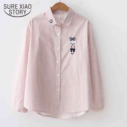 Zomer en herfst Koreaanse vrouwen polo shirt losse gestreepte borduurwerk student joker lange mouwen blouses 6588 50 210417