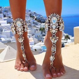 Sandalias descalzos Sandalias envolvente Pulsera de tobillera con tobilleros de cristal brillante Joya de joyería de la cadena del pie de la playa del verano para sus vacaciones accesorios para bodas