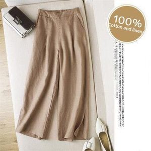 Zomer enkellange elastische taille vaste broek vrouwen plus size casual brede been spleet katoen linnen losse pantalon 210915