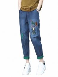 Été cheville longueur Harem Jeans broderie taille haute Denim pantalon Baggy Streetwear Vaqueros Fi bleu Pantales nouveau Spodnie G68y #