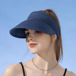 Summer anti -uv paja sombrero para mujeres con tapa de la cola de caballo ancha con tapas de visera vacías de la revisión al aire libre Protección de la playa del sol 240514