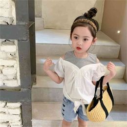 Zomer aankomst meisjes mode schouder-off tops kinderen Koreaanse ontwerp t-shirt meisje kleding 210528