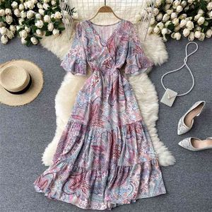 Zomer aankomst vrouwen vintage chiffon floral lange jurk dames afdrukken V-hals vlinder mouw vakantie outfits 210430