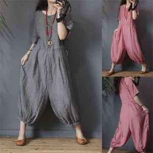 Zomerkunsten stijl big size vrouwen jumpsuit katoen linnen plaid casual s broek femme vintage losse M599 210512