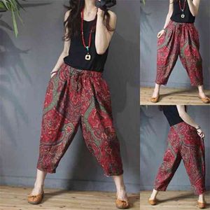 Zomerkunsten stijl vrouwen elastische taille enkellengte losse broek vintage print katoen linnen harem plus size M178 210512