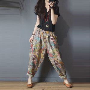 Zomerkunsten stijl vrouwen elastische taille enkellengte losse broek vintage print katoen linnen harem plus size M194 210512