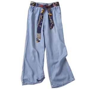 Zomerkunsten stijl vrouwen elastische taille losse blauwe jeans all-matched casual katoen denim brede been broek plus size m 210629
