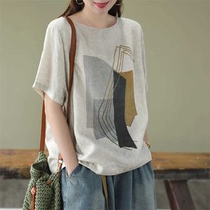 Zomerkunsten stijl vrouwen korte mouw o-hals losse t-shirt vintage katoen linnen print Tee shirt femme big size tops M132 210512