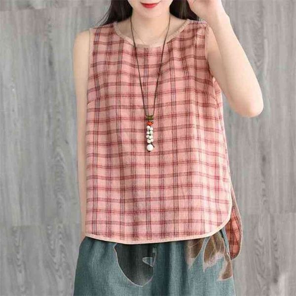 Estilo de artes de verano Mujeres sin mangas Plaid Tank Tops All-matched Casual Loose Cotton Linen Top Femme Vintage S307 210512