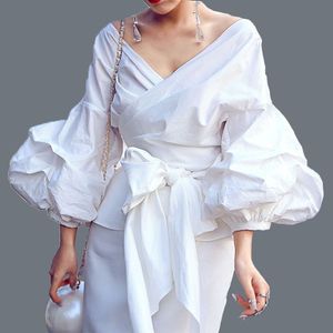 Sommer Herbst 2016 Neue Koreanische Bogen Laterne Hülse Bluse Shirt V-ausschnitt Baumwolle kurzarm Weißes Hemd Blusen Frauen Tops bluse