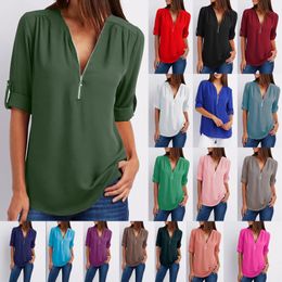 Zomer Herfst Casual V-hals Chiffon Blouse Vrouwen Shirts Top Camisa Feminina Lange Mouw Zwart Wit Dames Blouses Shirt 240102