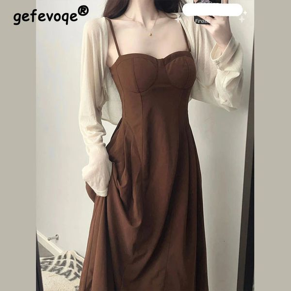 Verano otoño francés vintage conjunto de dos piezas mujeres elegante fiesta coreana vestido midi femenino sexy correa vestidos de noche sin espalda 240329