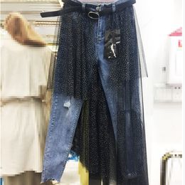 Été automne Nouveaux Femmes Dot Mesh Splicing Holes Jeans Femelle Dame Élasticité 9 minutes Pencil Denim Pants Student Nancylim 201030