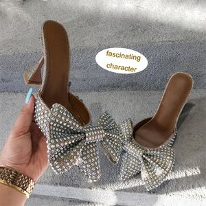 Fancy Glanzende Strass Grote Vlinderboog Slippers Diamant Punt Teen Hoge Hak Sexy Sandalen Vrouwen