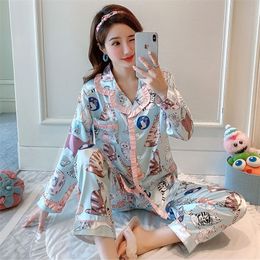Zomer herfst zijden satijn strip print pyjama sets voor vrouwen lange mouwen slaapkleding pak pyjama's huiskleding pijama mujer kleding 201217