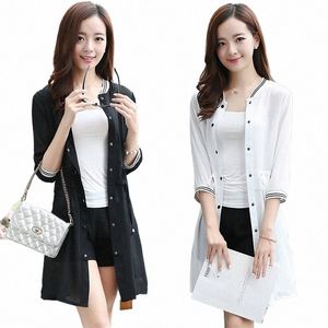 Verano Otoño Blanco Negro Mujeres Lg Cardigan Mujer Chiff Cardigans Manga tres cuartos Mujeres Abrigo casual Señoras Encogerse de hombros d2TH #