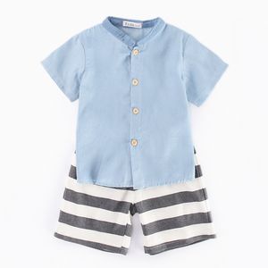 Zomer babyjongen kleding kinderen jongens sets kleding pak shirt + streep shorts kinderen 210429