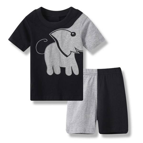Summer Baby Boy Ropa Trajes Patchwork Elefante Negro Niños Pijamas Algodón Camisetas Pantalones cortos Pijamas Gray Sleepwear 210413