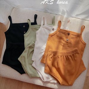 Zomer baby jongens meisjes pakken kinderen pure kleur beugels sets casual tops + shorts kleding 210521