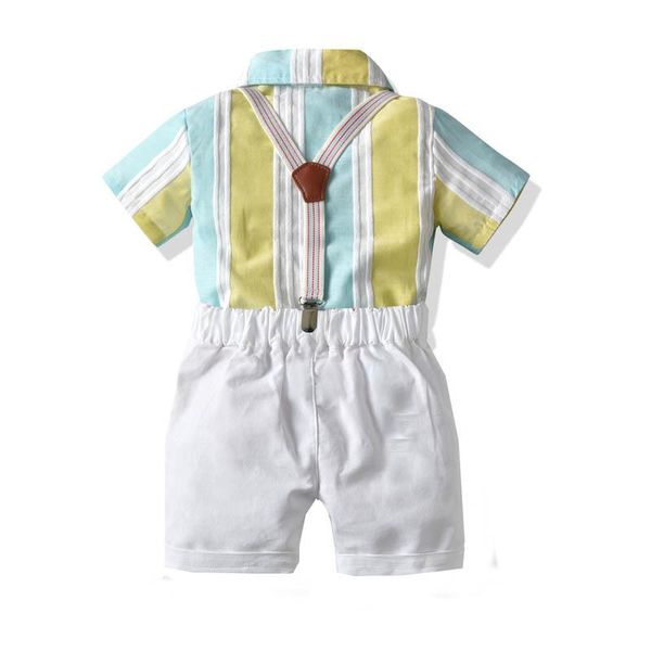 Trajes de verano para bebés, trajes casuales para niños, conjuntos de ropa de boda de algodón para niños, camisa a rayas + pantalones cortos con tirantes, 2 unids/set, ropa para niños