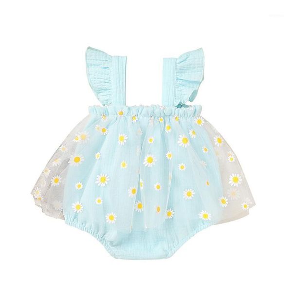 Summer Baby Casual Romper Set Infant Girl Flare Sleeve Daisy Print Body Net Yarn Dress + Bandeau Jumpsuit Ou 0-18M Toddler Ki Vêtements Se