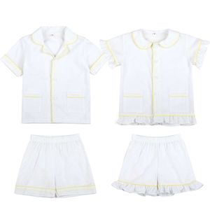 ZOMER BABY KLEDING Witte seersucker 100% katoenen korte mouw Kinderen Pamas Set broers en zussen bijpassende gegolfde jongensmeisjes Pyjama's L2405