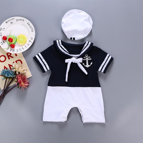 Summer Baby Clothing Sets Bodysuits Collar Infant Mompers con sombrero para niños pequeños Jumpsuits azul marino