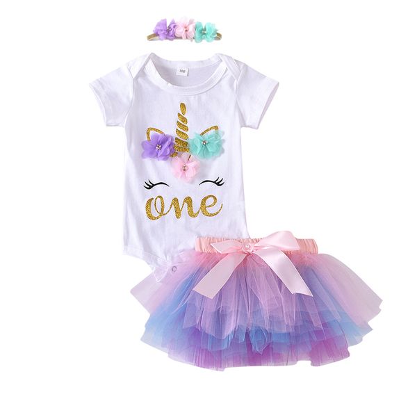 Été Bébé Vêtements Ensembles Filles Licorne Imprimer Anniversaire Porter Costume À Manches Courtes Romper Top Couleur Tutu Jupe Floral Bandeau Trois Pièces Toddler Outfits M4255