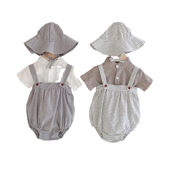 Summer Baby Cotton Boy Girl Chemise à manches courtes Plaid Sling et chapeau Trois pièces Combinaison pour enfants 210417