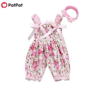 Zomer baby meisje 0-1 jaar oud roze bloemen jumpsuit en hoofdband mouwloze One Pieces Jumpsuits 210528
