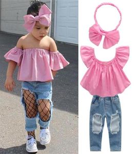 Été bébé fille enfants vêtements ensemble rose haut déchiré jean denim pantalon arcs bandeau 3 pièces ensembles enfants vêtements de créateurs filles7326297