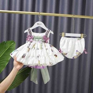 Été bébé fille Lolita princesse robe enfants espagnol vêtements ensemble nourrissons espagne robes florales avec PP pantalon court 210615