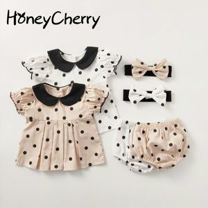 Zomer baby meisje set dot korte mouw top + shorts + haar riem drie stuk voor meisje 210515